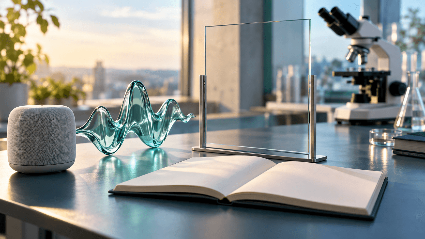 Alto-falante, escultura de onda sonora, painel de vidro e caderno sobre bancada com microscópio ao fundo, imagem ilustrativa gerada por IA
