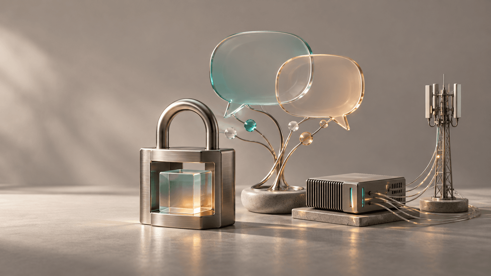Cadeado com cubo de vidro, balões de conversa transparentes e servidor conectado a antena em miniatura, imagem ilustrativa gerada por IA
