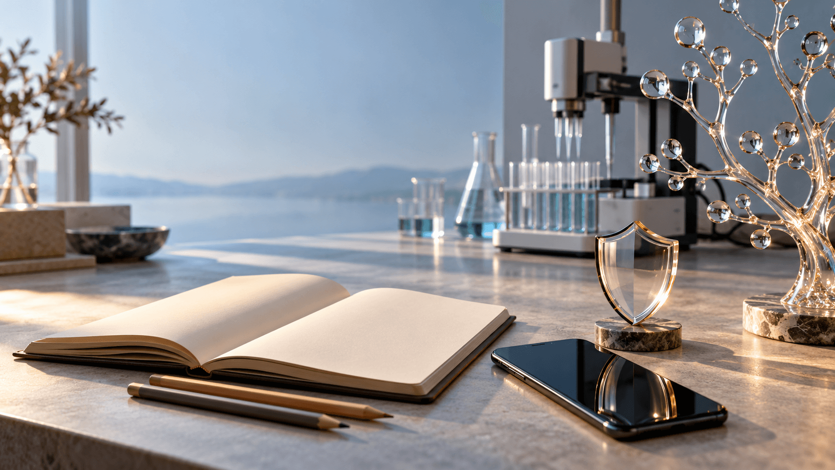 Caderno aberto, celular, escudo de vidro e equipamento de pipetagem sobre bancada iluminada, imagem ilustrativa gerada por IA